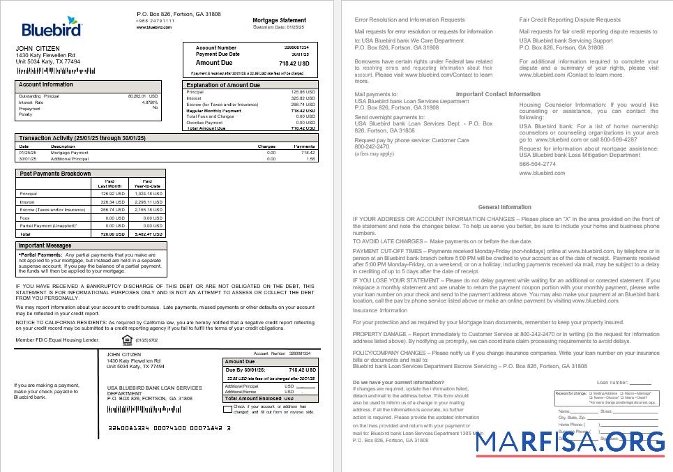 Realistic USA Bluebird bank mortgage statement in Word and PDF formats template